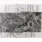 Aerial view of Arcadia.  Photo is dated in lower left corner and has descriptions and arrows all along the border.