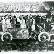 Scene from a Broadway play showing Barney Oldfield (played by an actor) arriving in his famous race car called the Green Dragon.  It is known from a 1904 newspaper that Barney Oldfield did drive out to the Clara Villa in his Green Dragon.