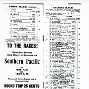 Copy of pages for part of first and second races from racing program for Santa Anita Park, April 13, 1909. Left hand page includes an ad for the Southern Pacific Railway.