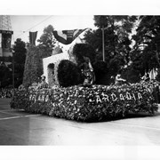 "Ireland," Arcadia's float entry in the 1932 Pasadena Tournament of Roses Parade represented St. Patrick seated by the River Shannon and one of its historic bridges.