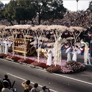 "Sunday Afternoon, California, 1903," Arcadia's float entry in the 1977 Pasadena Tournament of Roses Parade, features a horsedrawn streetcar with passengers wearing authentic period costumes.