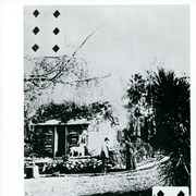 Home of '49 is printed across bottom of this, one of backs of playing cards Baldwin had made with photos from around the ranch.  This shows small log cabin which Baldwin purportedly had brought here from his father's farm in Hamilton, Indiana, to remind him of his beginnings.