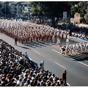 The Arcadia High School Apache Marching Band marching in the 1981 Pasadena Tournament of Roses Parade.