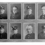 Portraits of eight members of the Arcadia Fire Department, taken from a page of the "Arcadia Police & Fireman Relief Association Annual Souvenir" (see Arcadia VF-Police-Archives).  Pictured are Paul Armstrong, Frank Roush, P.J. Schumacher, A.P. VanWormer, John Market, Donald Ott, P. Weberg, and J.C. Hinman.