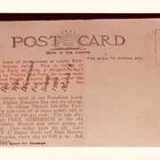 Photo enlargement of a postcard of about 1909 advertising Tally-Ho trips to Baldwin's Ranch.  Printing on card begins: the home of Strathmead at Lucky Baldwin's famous ranch.