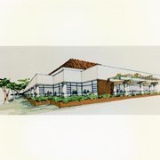 Photographic reproduction of original artist's rendering of proposed Arcadia Public Library remodel/expansion. Original rendering measures approx. 32"x36". The artist was Anthony Van Strauhal, also known as Tony Van Strauhal. This view is of proposed new addition to adult area and shows red tile roof that was not budgeted by City Council. Exterior view.