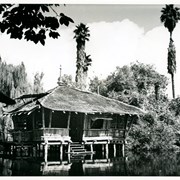 One of the houses on the north cove of the lake at the Arboretum which was built for the filming of the movie "Road to Singapore," starring Bing Crosby, Dorothy Lamour, and Bob Hope.  The house is up on stilts in the lake.  The movie was filmed in 1940.