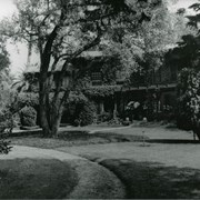 The Burnell estate is shown, heavily covered with what appears to be ivy growing one side of the front of the house.  This was the home of George Edwin Burnell, author, lecturer and philosopher.  The estate was built 1910-1912 and razed in 1961.  It was located at 290 West Foothill Blvd., and encompassed 7 acres.