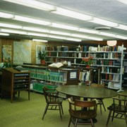 Phase I of Library Renovation/Expansion Project at 20 W. Duarte Road.  This view shows part of the Reference area.  A round table and chairs are visible in foreground.