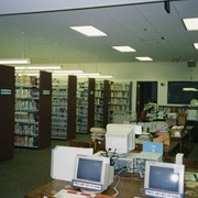 Phase II of Library Renovation/Expansion Project at 20 W. Duarte Road.  This view is of the temporary children's room, housed in a section of the renovated wing which will house the adult reference collection.  Two computerized catalogs are visible in the foreground.