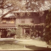 The Burnell Estate, formerly located at 290 W. Foothill Boulevard.  View is looking toward the front entrance.  A water spigot is seen in the foreground.