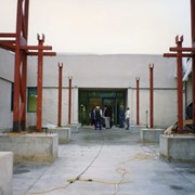 Photo taken of Arcadia Public Library, 20 W. Duarte Road, during the 1995/96 expansion/remodel project.  This view is looking toward the new front entrance.  The entranceway pillars are partially constructed.  The old entrance is visible to the right.