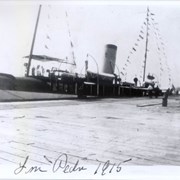 Photograph of a yacht.  Handwriting along bottom of photo reads, "San Pedro 1915."  Possibly the yacht Clara Baldwin Stocker was supposed to have purchased with part of her inheritance from her father, Elias J. "Lucky" Baldwin.