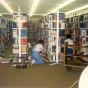 Damage to the Arcadia Public Library as a result of the Whittier Narrows earthquake.  The earthquake measured 5.9 on the richter scale. This photo was taken in the Children's Room by the Reference Desk.