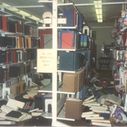 Damage to the Arcadia Public Library as a result of the Whittier Narrows earthquake.  The earthquake measured 5.9 on the richter scale. This photo was taken in the adult reference area.