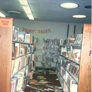 Damage to the Arcadia Public Library as a result of the Whittier Narrows earthquake.  The earthquake measured 5.9 on the richter scale. This photo was taken in the children's nonfiction stacks.