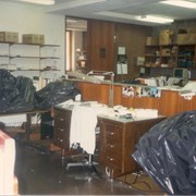 Damage to the Arcadia Public Library as a result of the Whittier Narrows earthquake.  The earthquake measured 5.9 on the richter scale. This photo was taken in Technical Services, which had extensive water damage from a broken water pipe.