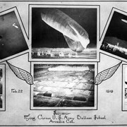 Copy of souvenir photo that may have been program cover for something called Flying Circus held February 22, 1919. Shows left to right: [a] bi-plane; [b] parachute and balloon in same shot; [c] balloon being secured by group of men; [d] parachute coming to the ground with group of people watching. [e] ? [f] aerial view of base.