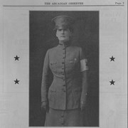 Page 7 of The Arcadian Observer, Official Publication of the United States Army Balloon School, Arcadia, California. September 1918 Supplement. Featuring photograph and biography of Colonel Anita Baldwin, in Red Star Society uniform. Negative and print were made for the grant funded Local History Digital Resources Project 2006-2007. A digital image of this photograph is file name: caarpl_113 on LHDRP 2006-2007 Disc 9 of 14. See black box labeled Arcadia History Room Media Box.