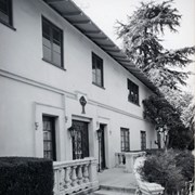 Exterior front of mansion, former home of Prince Erik of Denmark in 1920s at 2607 S. Santa Anita Avenue. Built in 1924. Property now owned by Arcadia Congregational Church. View from the walkway approaching the front door. Photograph by Terry Miller.