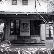 Exterior of mansion, showing relief sculpture of three standing figures, on the south side of the house, possibly a covered side porch. Former home of Prince Erik of Denmark in 1920s at 2607 S. Santa Anita Avenue. Built in 1924. Property now owned by Arcadia Congregational Church. Photograph by Terry Miller. See also ID 2190 and 2191.
Note: Per Jolene Cadenbach, a fire destroyed Prince Erik Hall in June 2021, tear down started around end of 2021, and was completely torn down in 2022.