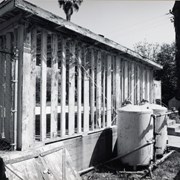 Exterior of mansion, showing swimming pool, not filled with water, and adjacent wood-slatted structure. Former home of Prince Erik of Denmark in 1920s at 2607 S. Santa Anita Avenue. Built in 1924. Property now owned by Arcadia Congregational Church. Photograph by Terry Miller. See also ID 2194-2198.
Note: Per Jolene Cadenbach, a fire destroyed Prince Erik Hall in June 2021, tear down started around end of 2021, and was completely torn down in 2022.