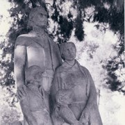 Another view of Hugo Reid Family statue  at Arcadia County Park. Swings are in the background. This was before the statue was moved to the Gilb Museum. Photograph by Terry Miller.