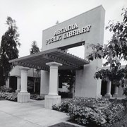 Front walkway and entryway of Arcadia Public Library at 20 W. Duarte Rd. Photograph by Terry Miller.
