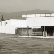 Former building of Foulger Ford, 55 West Huntington Drive, Arcadia, CA. The name Foulger is seen on the building. Photograph by Terry Miller.