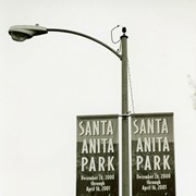Double banners advertising Santa Anita Park horse racing December 26, 2000 through April 16, 2001 on lampposts. Photo by Terry Miller.
