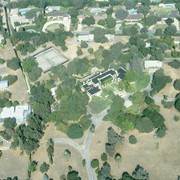 Aerial view, of Anita M. Baldwin's former estate known as Anoakia, looking north. Address was at 701 West Foothill Boulevard in Arcadia, when it was the Anoakia School. Any use of this image must be credited "Photograph by David Stevens. Copyright David Stevens."