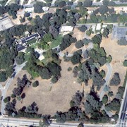 Aerial view, of Anita M. Baldwin's former estate known as Anoakia, looking north. Address was at 701 West Foothill Boulevard in Arcadia, when it was the Anoakia School. The street that runs north/south is North Baldwin Avenue. The street that runs east/west is Foothill Boulevard. Any use of this image must be credited "Photograph by David Stevens. Copyright David Stevens."