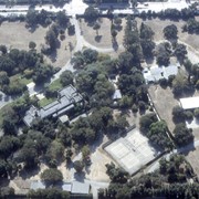 Aerial view, of Anita M. Baldwin's former estate known as Anoakia, looking south. Address was at 701 West Foothill Boulevard in Arcadia, when it was the Anoakia School. Any use of this image must be credited "Photograph by David Stevens. Copyright David Stevens."