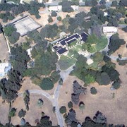 Aerial view, of Anita M. Baldwin's former estate known as Anoakia, looking north. Address was at 701 West Foothill Boulevard in Arcadia, when it was the Anoakia School. Any use of this image must be credited "Photograph by David Stevens. Copyright David Stevens."