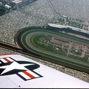Aerial view, of Santa Anita Park Race Track, address is 285 West Huntington Drive, Arcadia, California. Many cars are parked there. Any use of this image must be credited "Photograph by David Stevens. Copyright David Stevens."
