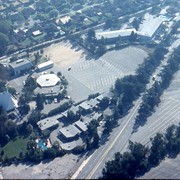 Aerial view, of the white A-Frame roof of Santa Anita Church (address is 226 West Colorado Boulevard, Arcadia, California). A six-sided, hexagon building near Santa Anita Church is the Fireside Room and Fellowship Hall, which is part of the Santa Anita Church. Any use of this image must be credited "Photograph by David Stevens. Copyright David Stevens."