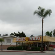 Exterior view of front and west side of Taco Lita restaurant looking southeast located at 120 E. Duarte Road, Arcadia, CA 91006.