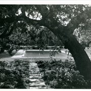 View of private swimming pool at a home in Santa Anita Oaks. A tennis court also appears in background.  Address is not known. Oak tree in foreground and stepping stones leading to pool.