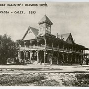 View of Oakwood Hotel from across the railroad tracks. On the front of the photo is written, "Lucky Baldwin's Oakwood Hotel Arcadia - Calif.  1895." There are several people standing in front of the hotel.  A carriage is to the left by the large oak tree.