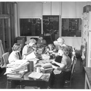 Circulation workroom, library staff, Arcadia Public Library at 25 N. First Avenue.  Left to right: June Davies, Mary Lou Harbin, Madeline Hopps, Mary Louise Fitts, Hazel Bolton.