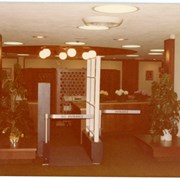 Interior view thru electronic gates at circulation area, Arcadia Public Library, shortly after installation.