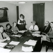 Arcadia Public Library Board meeting in conference room at 20 W. Duarte Road.  Left to right: City Librarian Richard Miller, Roberta Camphouse, Mary Fran Andregg, Secretary to Board and City Librarian Betty Sprang, Shirley McNall, Edward Butterworth (liaison from City Hall), and Dr. Robert Stragnell.