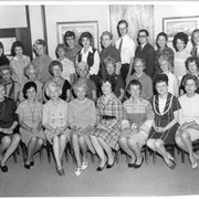 Group photo of entire staff at Arcadia Public Library, 20 W. Duarte Road. SEE REVERSE OF PHOTO FOR NAMES.  Missing from photo: part time reference librarian Pat McAdam.