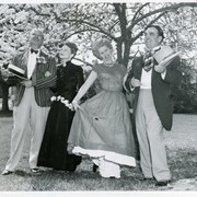 Group dressed in period costume for Peach Blossom Festival.  Left to right: H.T. Michler, Hortense Seymour (first chairman), DeeDee Deaton, C. Loree "Jack" Russell (Mayor).