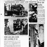 Newspaper page reduction of Sunday, February 26, 1939 Los Angeles Times that has article and photos of Santa Anita Santa Fe Station, describing the services at this small station.  Station agent at this time was D.F. Bowe.