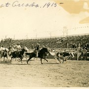 Approximately 8 horsemen apparently involved in a roping competition.  There are grand stands in the background.  Back of card indicates this was on the Old Lucky Baldwin track in what is now Arcadia County Park.  (Club House had burned)