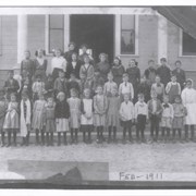 Students at Arcadia Grammar School, where present First Avenue Middle School is now. Built in 1907, this building replaced the packing shed school provided earlier by E.J. Baldwin. This school was located at the southwest corner of First Avenue and California Street. No identification of teachers or students.