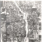 Most prominent physical feature is Santa Anita Wash running north to south almost in center of photo, just above center(?).  Santa Anita Avenue is north/south street, dark with trees approximately one inch from left edge of photo.  Arcadia County Park is at upper left edge of photo with baseball diamond showing.