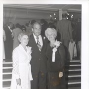 Pictured on stairs at Santa Anita Turf Club for Diamond Jubilee Ball are L-R; Mrs. Peter Pitchess, Sheriff Peter Pitchess (Sheriff of L.A.Co.), and Mrs. Marguerite Towsley.