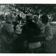 Group pictured at one of tables at Diamond Jubilee Breakfast held at Arboretum.  Lady with hat at left is former Councilwoman and Mayor, Floretta Lauber; Mr. Lauber has back to camera.  Lady in print dress on right is Mrs. Robert Considine sitting next to her husband Robert Considine, also a former Councilman and Mayor.